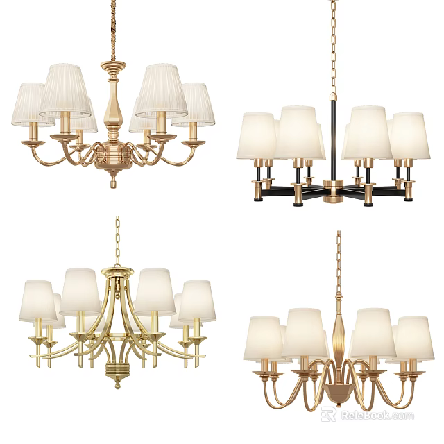 Elegant Multi Arm Chandeliers With White Shades And Gold Black Frames 3d model