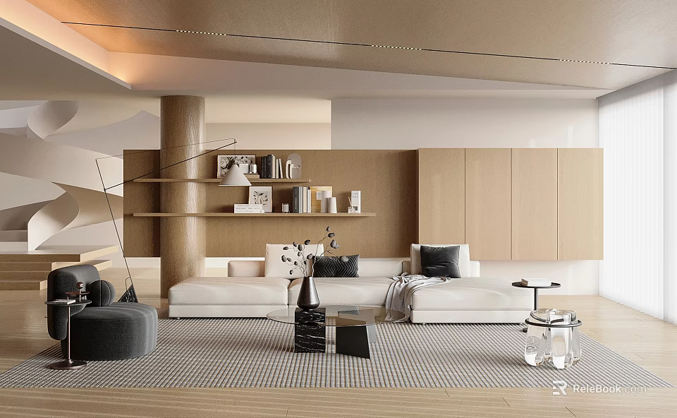 Modern Living Room Interior With White Sofa Wooden Shelves And Woven Rug 3d model 