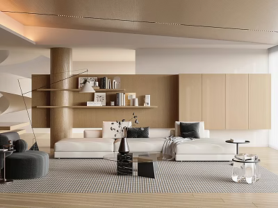 Modern Living Room Interior With White Sofa Wooden Shelves And Woven Rug 3d model
