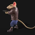 Cartoon Mouse Character Wearing Brown Leather Jacket Blue Jeans Green Scarf Holding Gun And Boots