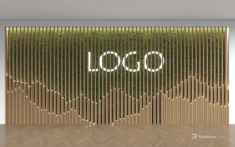 Illuminated Feature Wall With Golden Vertical Slats Green Plant Background Central Logo And Wooden Floor 3d model 