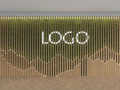 Illuminated Feature Wall With Golden Vertical Slats Green Plant Background Central Logo And Wooden Floor 3d model