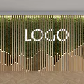 Illuminated Feature Wall With Golden Vertical Slats Green Plant Background Central Logo And Wooden Floor
