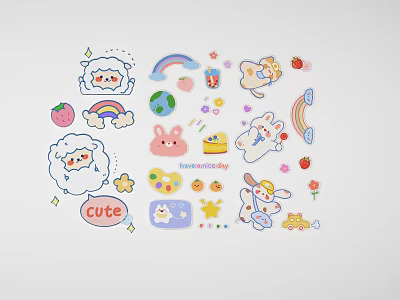 Cute Wall Decor With Sheep Rainbow Rabbit Strawberry And Star Stickers 3d model