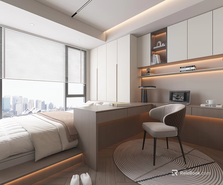 Modern Tatami Bedroom Interior Design With Built in Cabinets Desk Chair And City View Window 3d model 
