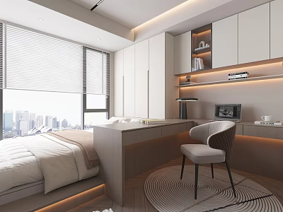 Modern Tatami Bedroom Interior Design With Built in Cabinets Desk Chair And City View Window 3d model