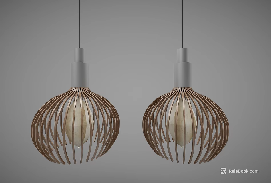 Modern Wooden Frame Pendant Lights With Minimalist Design And Silver Tops 3d model 