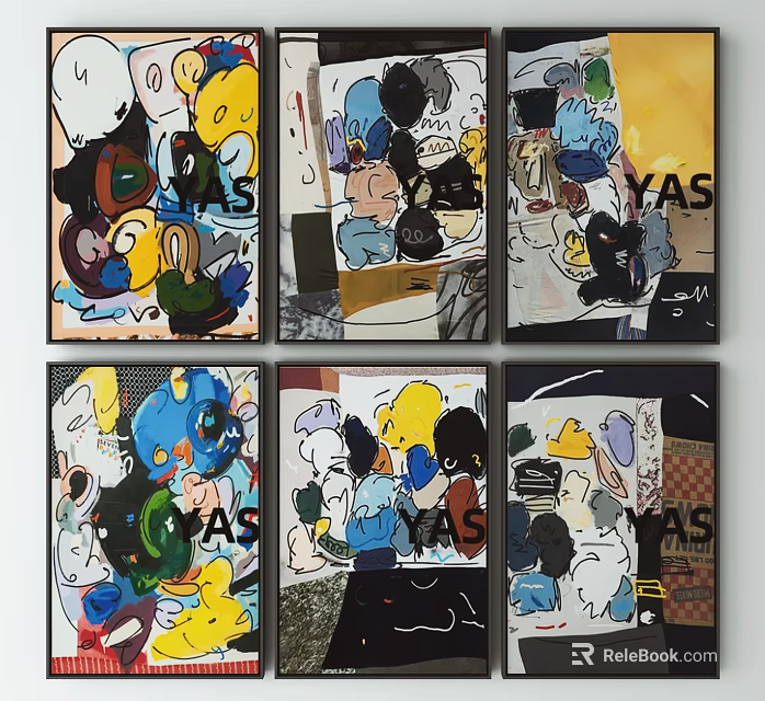 Vibrant Abstract Paintings With VAS Text Multiple Framed Wall Art Pieces 3d model