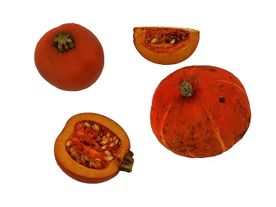 Ripe Organic Whole and Sliced Pumpkins with Visible Seeds and Flesh 3d model