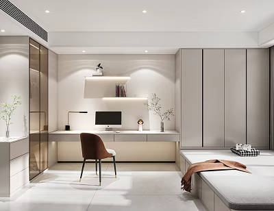 Modern Tatami Bedroom Interior Design With Desk Storage Cabinets And Decorative Plants 3d model