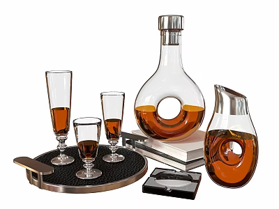 Premium Whiskey Glass Bottles and Crystal Glasses with Amber Liquid on Serving Tray and Books 3d model