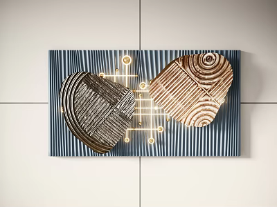Modern Abstract Wall Decor With Blue White Striped Background Dark And Gold Heart Shapes 3d model