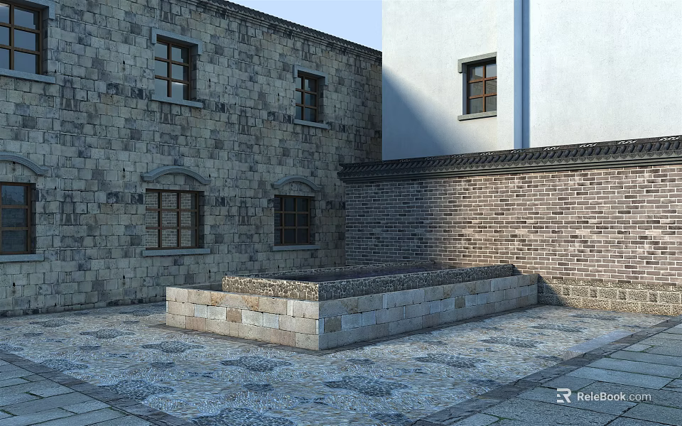 Traditional Courtyard With Stone And Brick Walls And Square Stone Platform 3d model 