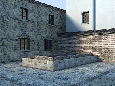 Traditional Courtyard With Stone And Brick Walls And Square Stone Platform 3d model