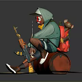 Game Film Character in Green Hoodie With Clown Makeup Holding Rifle Sitting on Red Barrel