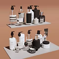Stylish Bathroom Accessories Organized On Shelves With Various Bottles And Containers