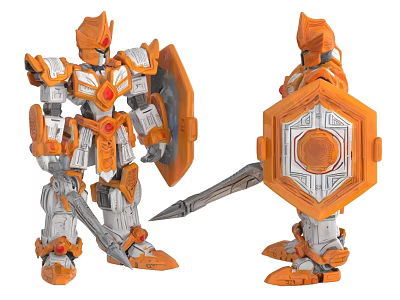 Orange and White Robot Doll with Shield Sword Armor and Red Glowing Elements 3d model