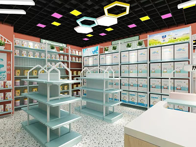 Specialty Store Interior With Colorful Ceiling Decorative Lights Shelves And Displayed Products 3d model