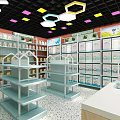 Specialty Store Interior With Colorful Ceiling Decorative Lights Shelves And Displayed Products