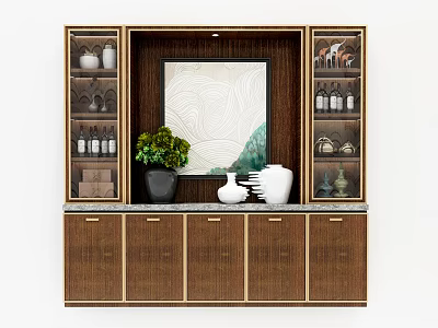 Elegant Wooden Wine Cabinet With Glass Doors Wine Bottles Vases And Green Plant 3d model