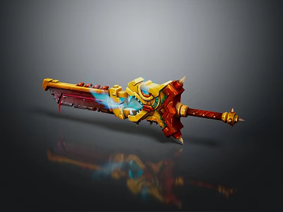 Ornate Mythical Sword With Golden Red Hilt And Glowing Blue Blade Accents 3d model