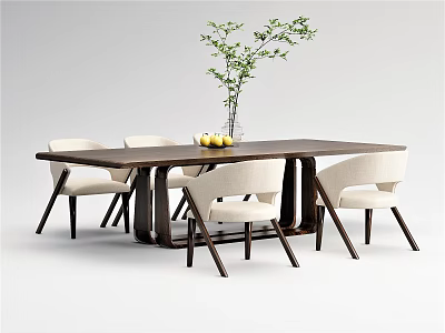 Modern Wooden Dining Table Set With Beige Upholstered Chairs Green Plant And Yellow Fruits 3d model
