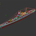 Detailed Warship Model With Gray Hull Red Bottom And Military Turrets