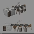 Modern Dining Set With Marble Countertop Rectangular Table Chairs Decorative Plants And Woven Baskets 3d model