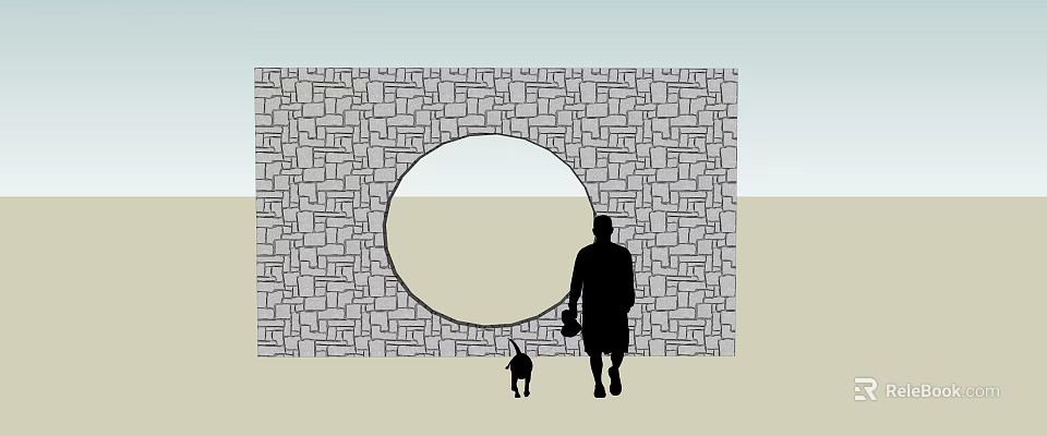Stone Brick Feature Wall With Circular Opening And Person Walking With Dog 3d model 