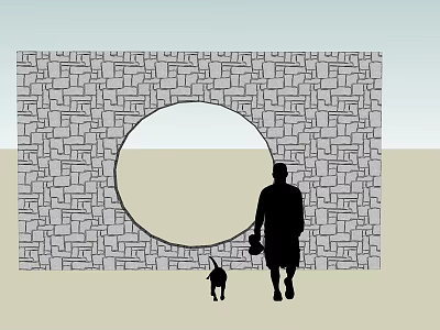 Stone Brick Feature Wall With Circular Opening And Person Walking With Dog 3d model