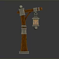 Vintage Street Lamp With Wooden Pole Metal Accents And Hanging Lantern