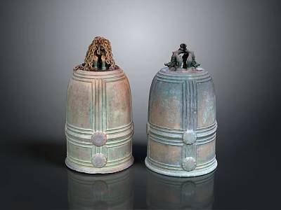 Antique Bronze Bells With Decorative Top Figures And Intricate Surface Patterns 3d model
