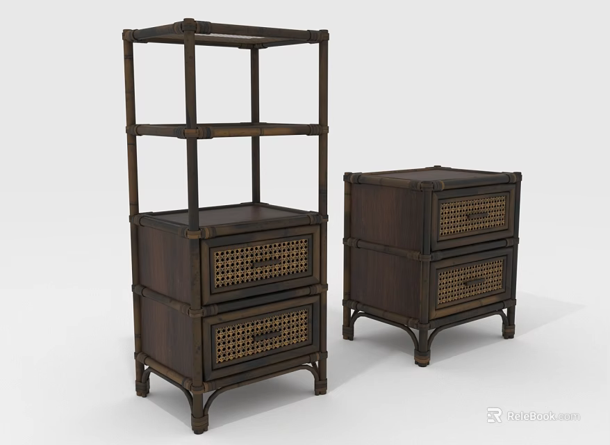 Vintage Dark Wooden Multi Tiered Shelf And Drawer Cabinet With Woven Design Structure 3d model 