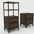 Vintage Dark Wooden Multi Tiered Shelf And Drawer Cabinet With Woven Design Structure