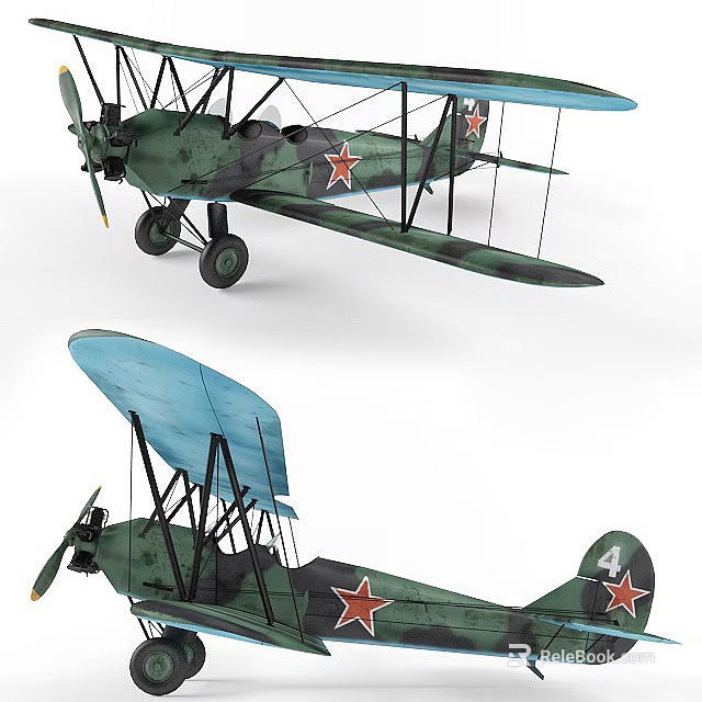 Vintage Biplane Fighter with Green Camouflage Red Star and Tail Number 4 3d model 