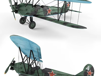 Vintage Biplane Fighter with Green Camouflage Red Star and Tail Number 4 3d model