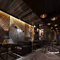 Modern Bar Interior With Vintage Pendant Lights Round Wooden Tables And Wine Racks