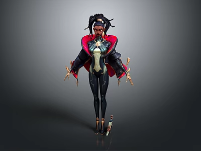 Stylish Woman With Braided Hair In Red Black Coat Tight Suit And Decorative Arm Details 3d model