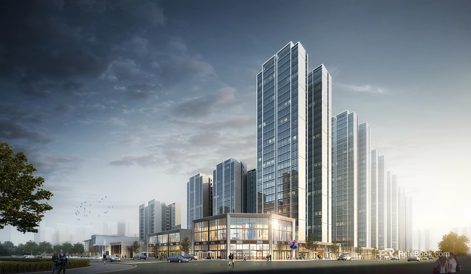 Modern High Rise Residential Building Exterior Design With Glass Curtain Walls And Urban Landscape 3d model 