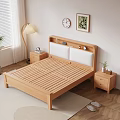 Natural Style Wooden Double Bed With Green Pillows Quilt Nightstand Floor Lamp And Wall Decor