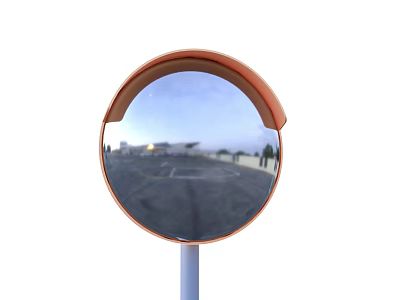 Round Outdoor Mirror With Orange Frame Reflecting Parking Lot Sky And Buildings 3d model