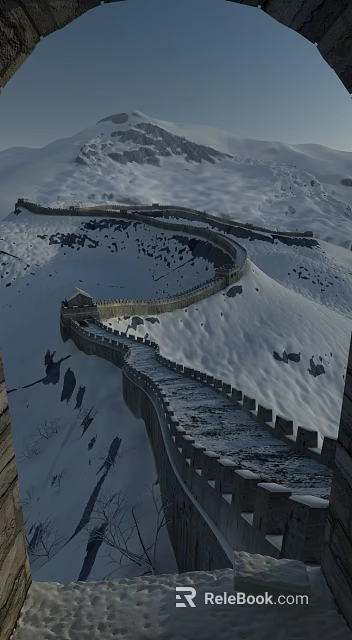 Snow Covered Great Wall With Winding Stone Path In Mountainous Winter Landscape 3d model 