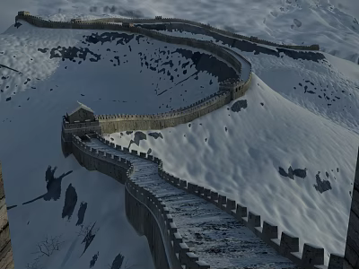 Snow Covered Great Wall With Winding Stone Path In Mountainous Winter Landscape 3d model