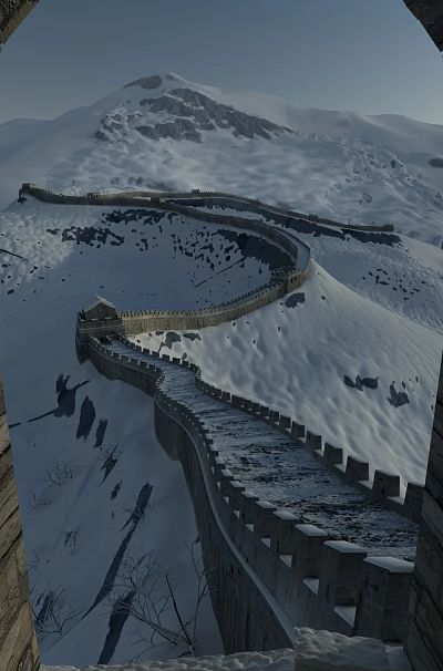 Snow Covered Great Wall With Winding Stone Path In Mountainous Winter Landscape 3d model