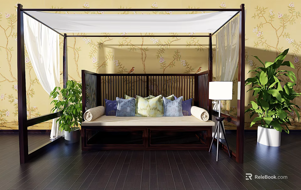 Traditional Chinese Wooden Luohan Bed Interior With Colorful Pillows Floral Wallpaper And Green Plants 3d model 