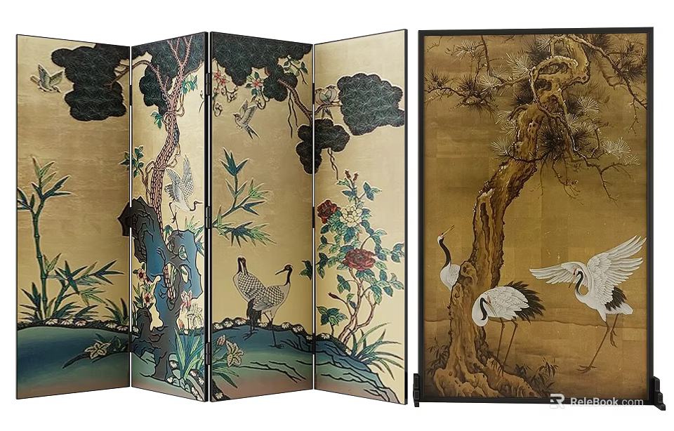 Oriental Folding Screen With Cranes Pine Trees Flowers And Landscape 3d model