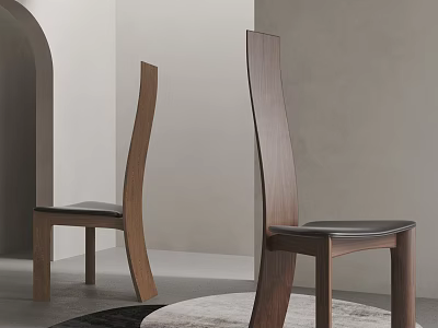 Modern Wooden Dining Chairs With Leather Seat Curved Backrest Slim Legs In Minimalist Indoor Space 3d model