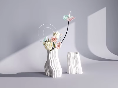 White Ceramic Vases With Wavy Texture Decorative Flowers Ornamental Hoops And Blooms In Grey Background 3d model