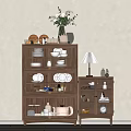 Wooden Sideboard With Plates Cups Jars Vase Table Lamp Small Clock And Storage Cabinets