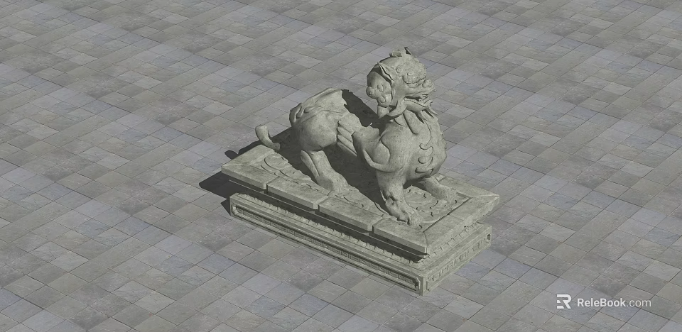 Traditional Stone Lion Landscape Sculpture With Detailed Base On Outdoor Gray Stone Tiled Ground 3d model 